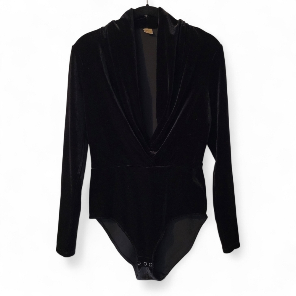H&M Gold Label Black Velvet Velour Long Sleeve Deep Vneck Stretch Bodysuit Sz 10